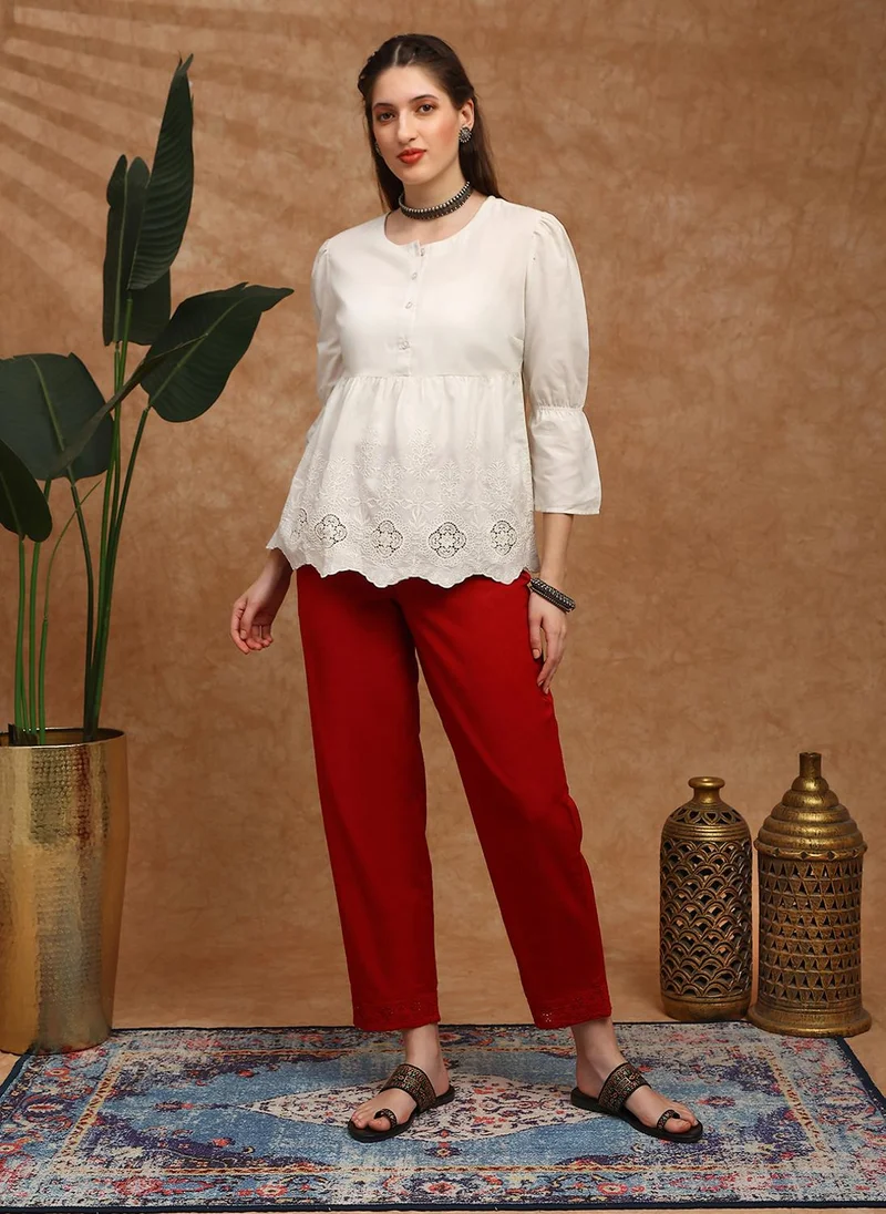جلو باص Globus Women Maroon High Rise Schiffli Hem Straight Fit Ethnic Pants